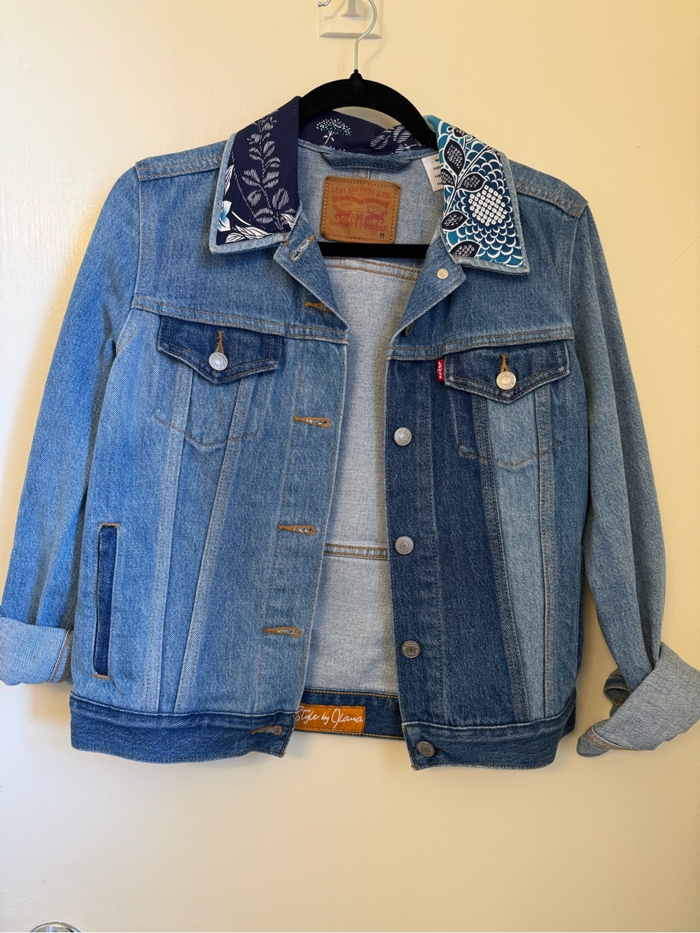 Levi's Denim Jacket with Printed Collar Custom Handcrafted Patchwork